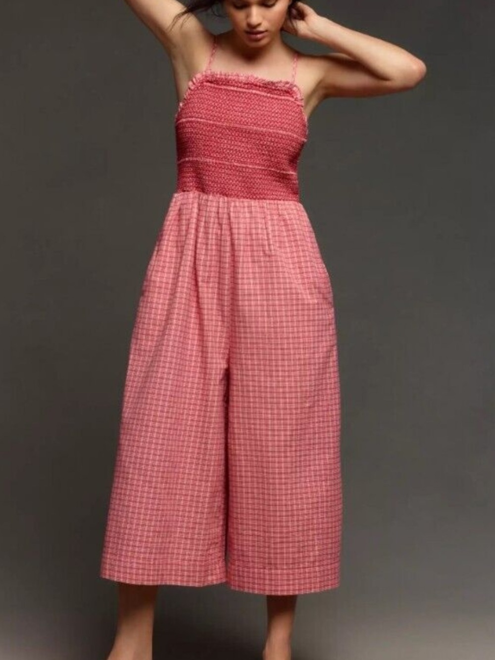 Maeve Smocked Basque-Waist wide leg crop Jumpsuit with pockets SP